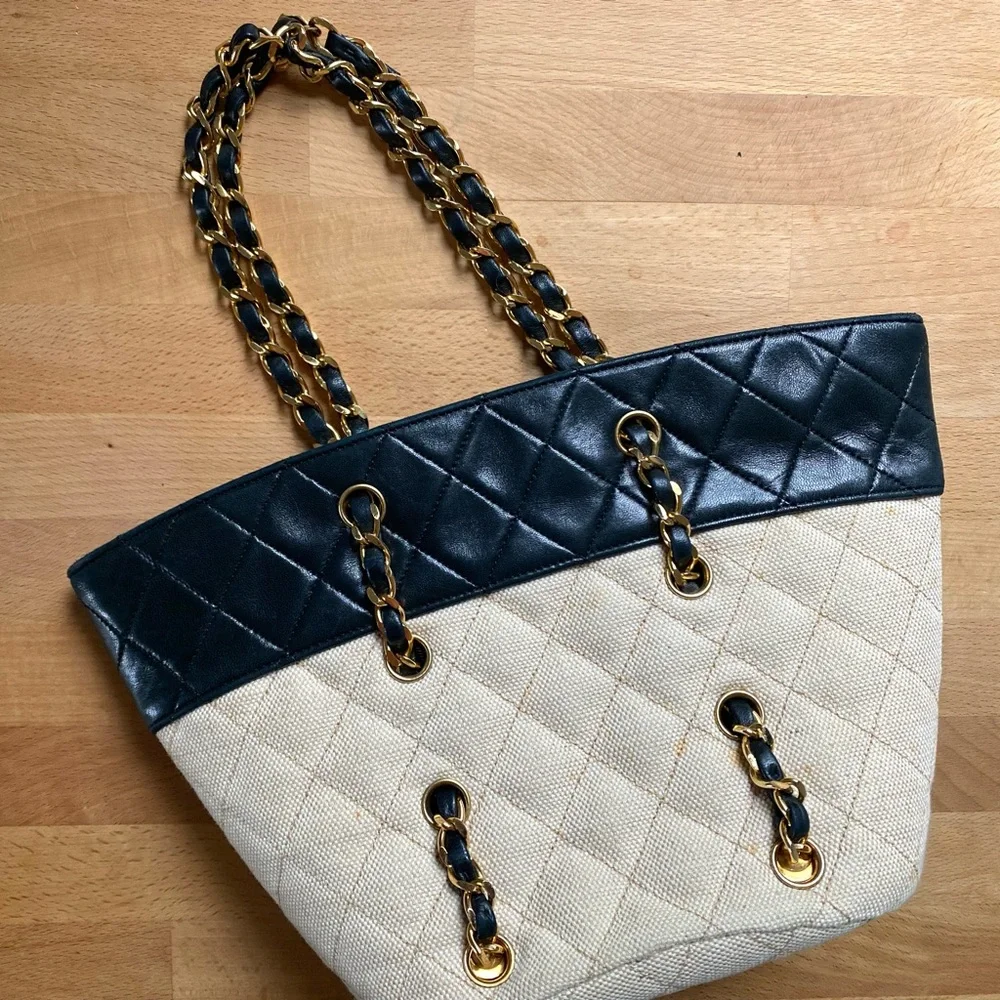 Chanel Vintage Navy Canvas Beige Mini Tote Bag - Picture 9 of 16